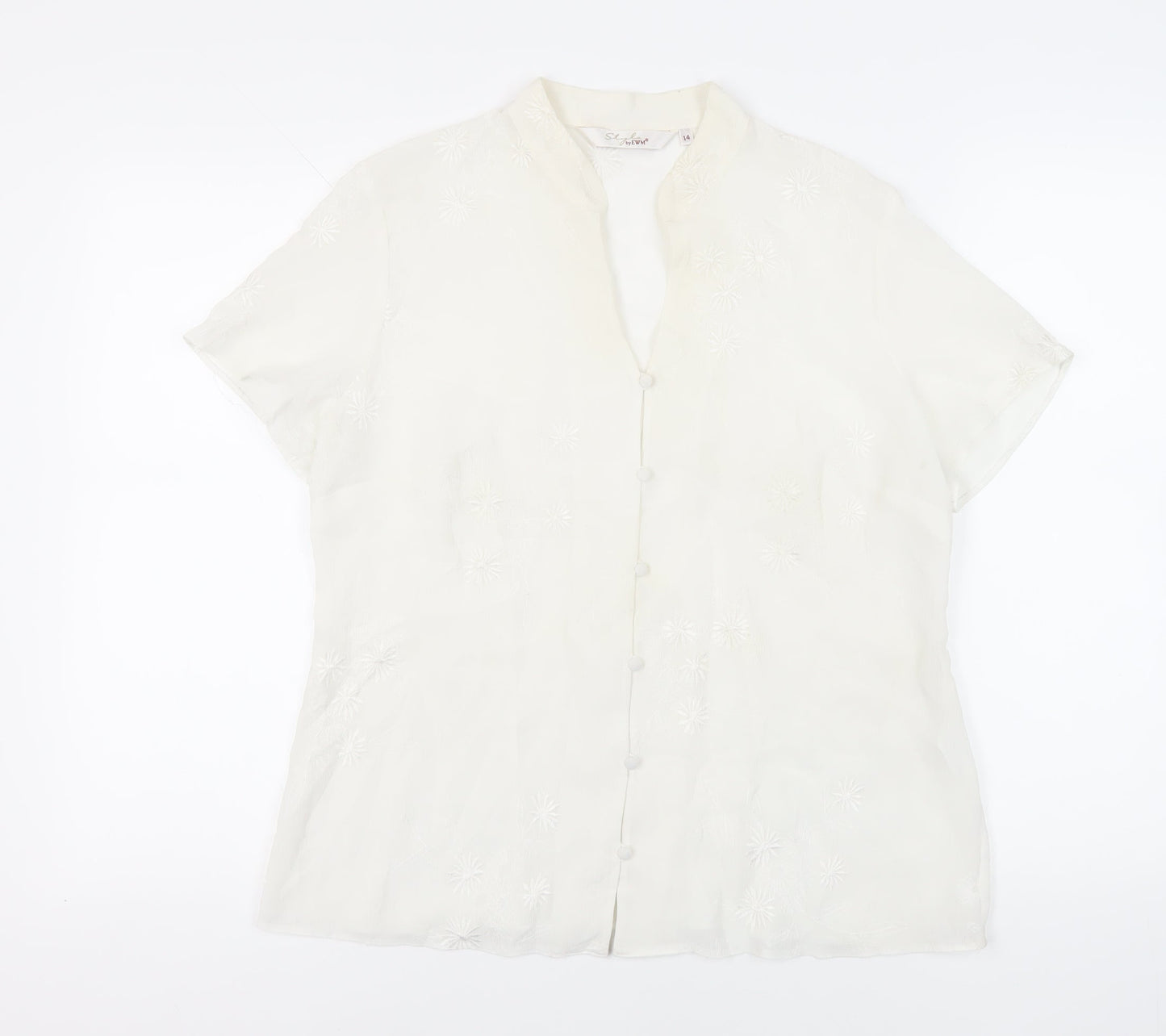 EWM Womens White Polyester Basic Button-Up Size 14 Collared - Embroidered