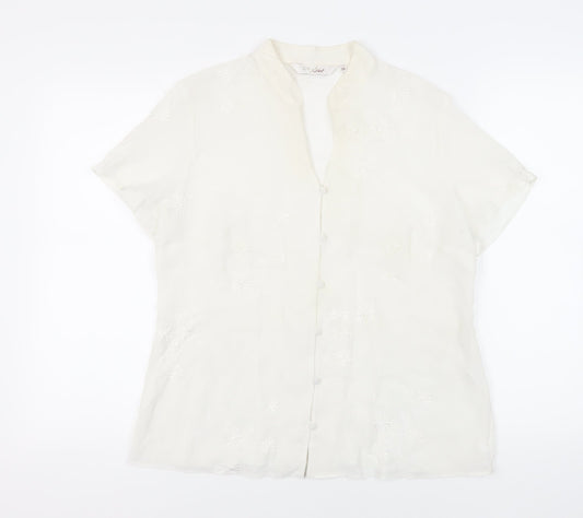 EWM Womens White Polyester Basic Button-Up Size 14 Collared - Embroidered