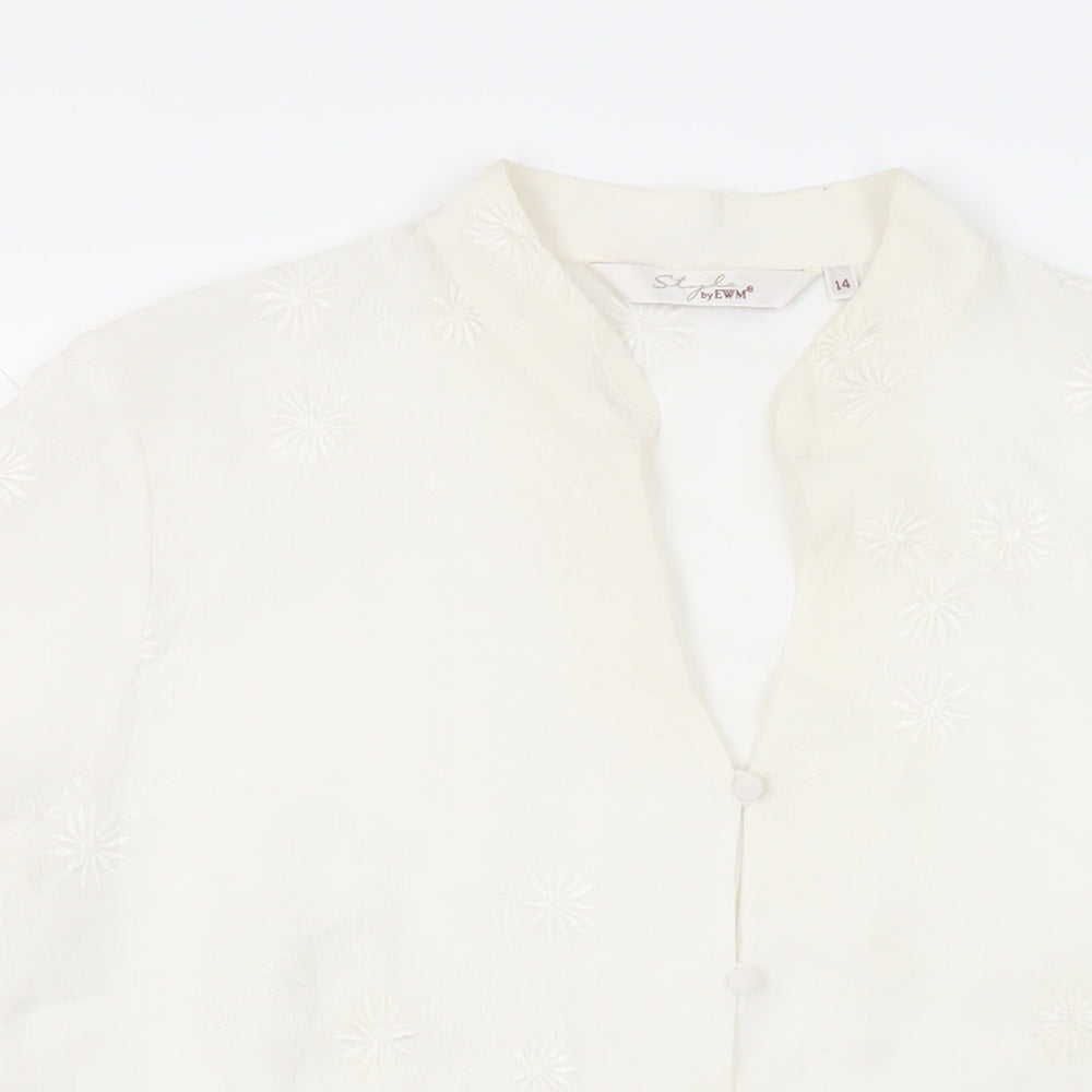 EWM Womens White Polyester Basic Button-Up Size 14 Collared - Embroidered