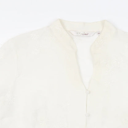EWM Womens White Polyester Basic Button-Up Size 14 Collared - Embroidered