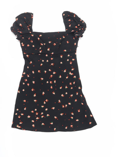 Topshop Womens Black Floral Polyester Mini Size 8 Square Neck Zip