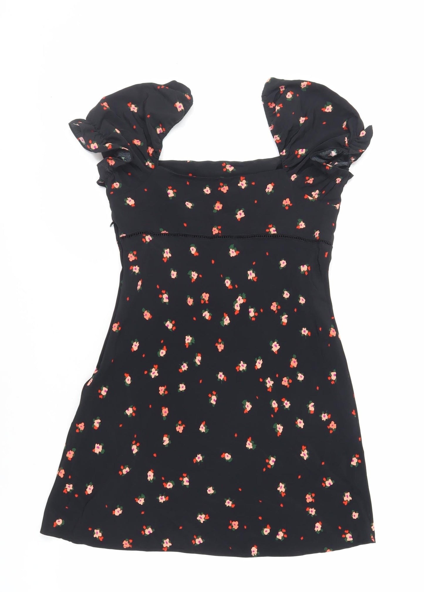 Topshop Womens Black Floral Polyester Mini Size 8 Square Neck Zip