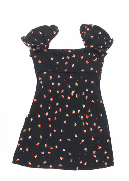Topshop Womens Black Floral Polyester Mini Size 8 Square Neck Zip