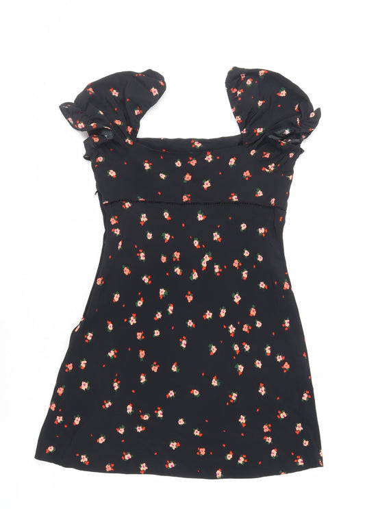 Topshop Womens Black Floral Polyester Mini Size 8 Square Neck Zip