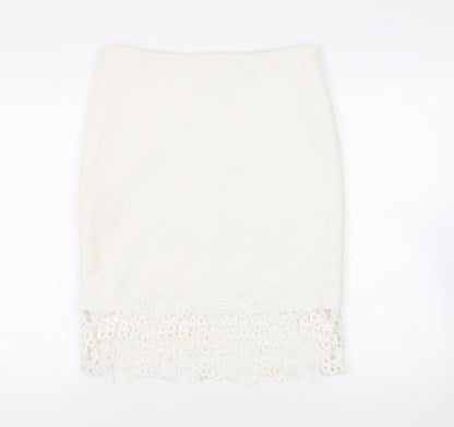 Lipsy London Womens White Polyester Straight & Pencil Skirt Size 14 Zip - Crocheted Lace Detail