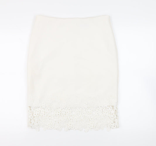 Lipsy London Womens White Polyester Straight & Pencil Skirt Size 14 Zip - Crocheted Lace Detail