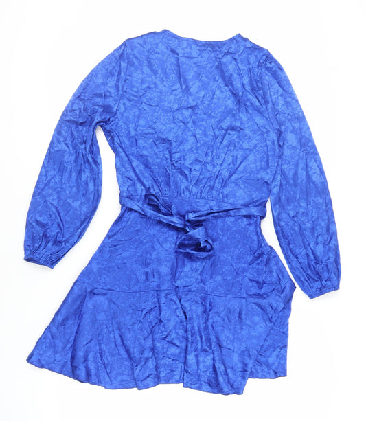 Quiz Womens Blue Floral Polyester Skater Dress Size 12 V-Neck Zip - Belted
