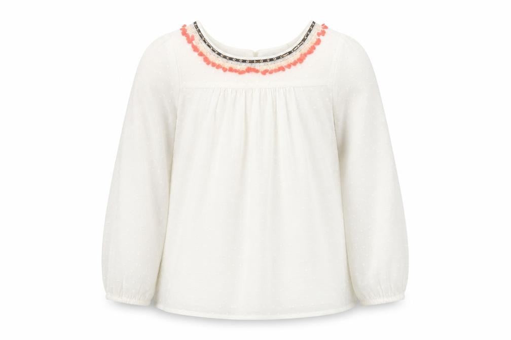 Front view of Autograph girls’ white polyester basic blouse, size 8-9, years boat neck button - embelished neckline sheer