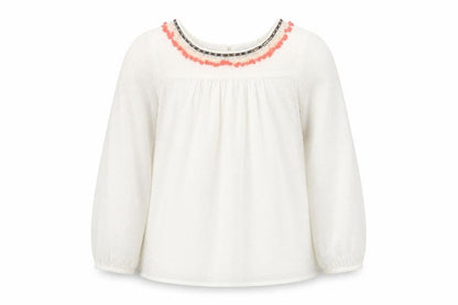Front view of Autograph girls’ white polyester basic blouse, size 8-9, years boat neck button - embelished neckline sheer