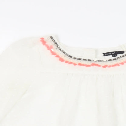 Autograph Girls White Polyester Basic Blouse Size 8-9 Years Boat Neck Button - Embelished Neckline Sheer