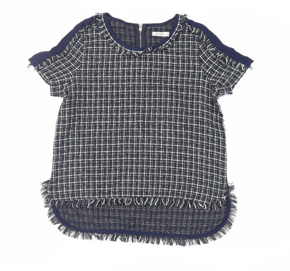 Kilibbi Womens Blue Plaid Polyester Basic Blouse Size M Round Neck - Fringe Detail