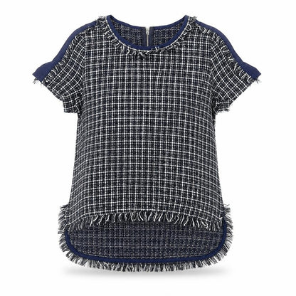 Kilibbi Womens Blue Plaid Polyester Basic Blouse Size M Round Neck - Fringe Detail