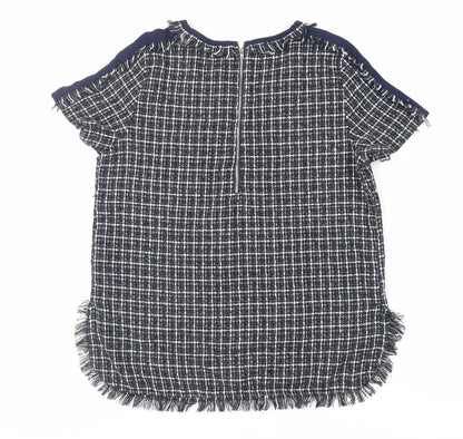 Kilibbi Womens Blue Plaid Polyester Basic Blouse Size M Round Neck - Fringe Detail