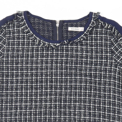 Kilibbi Womens Blue Plaid Polyester Basic Blouse Size M Round Neck - Fringe Detail