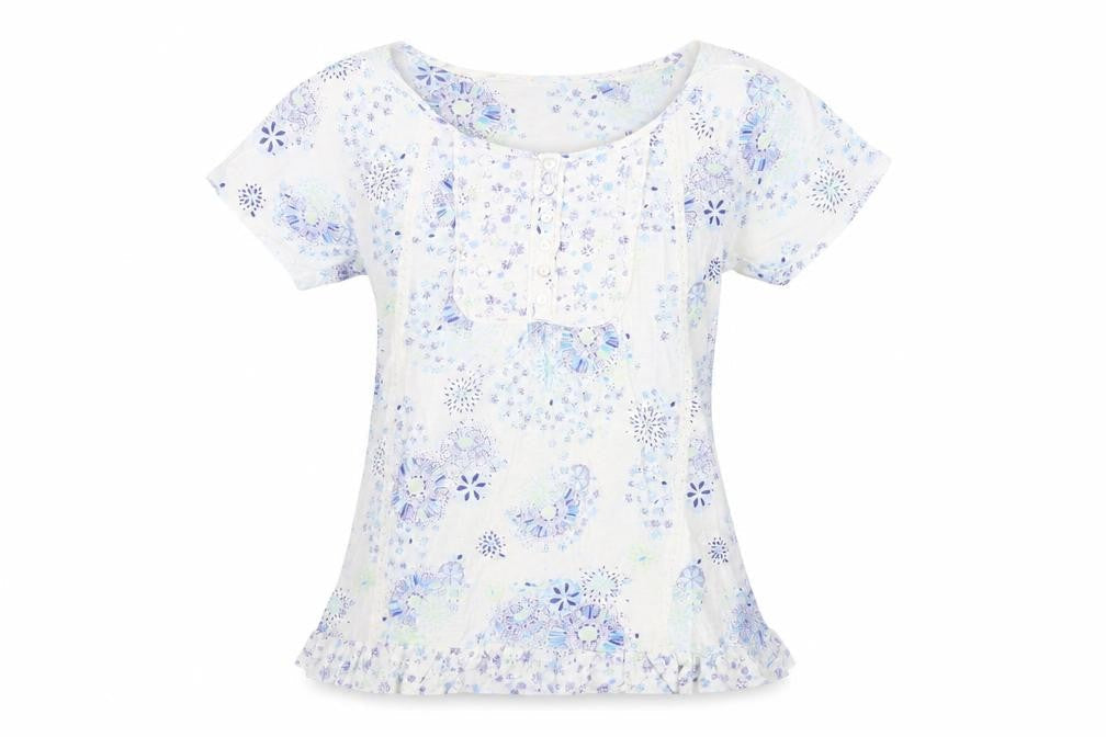 Marks & Spencer Womens Blue Floral Cotton Basic T-Shirt Size 8 Boat Neck - Ruffle