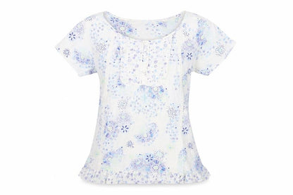 Marks & Spencer Womens Blue Floral Cotton Basic T-Shirt Size 8 Boat Neck - Ruffle