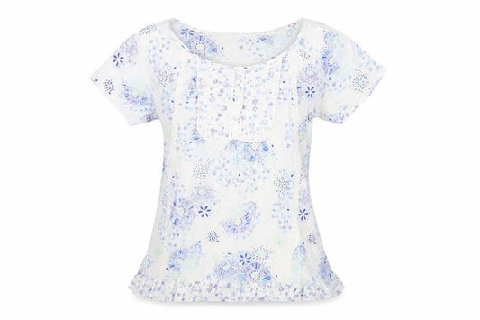 Marks & Spencer Womens Blue Floral Cotton Basic T-Shirt Size 8 Boat Neck - Ruffle