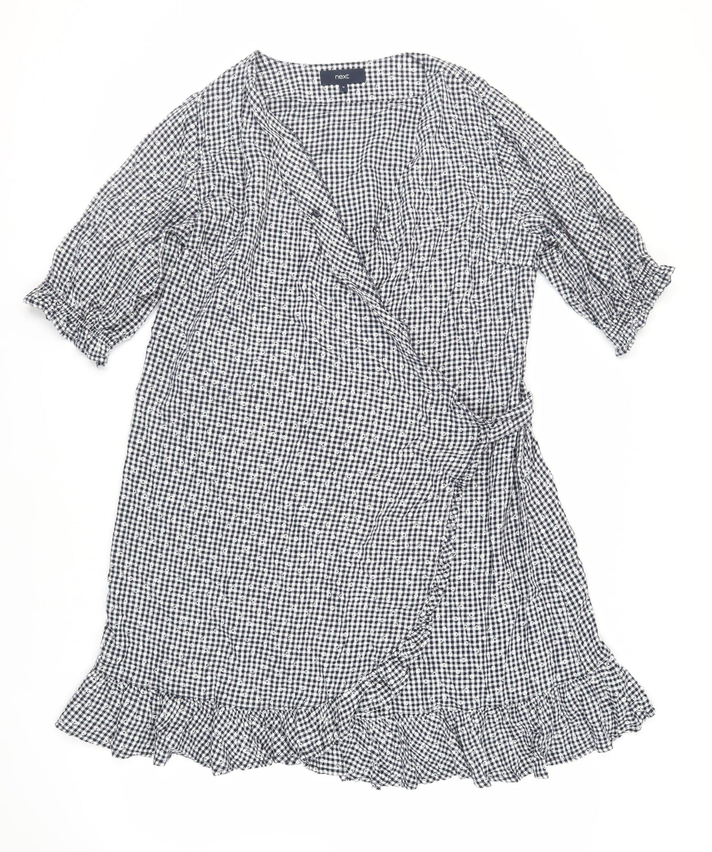 NEXT Womens Black Gingham Linen Wrap Dress Size 16 V-Neck Tie - Ruffle