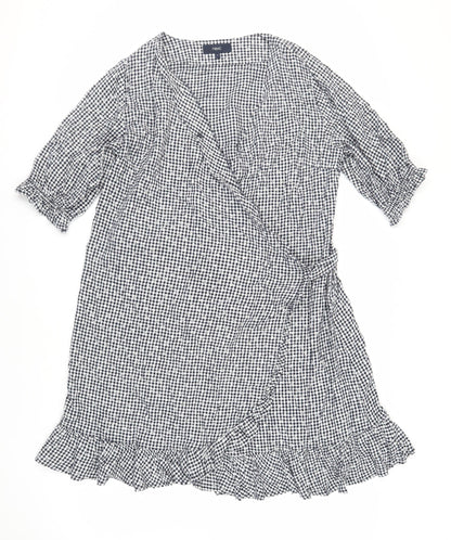 NEXT Womens Black Gingham Linen Wrap Dress Size 16 V-Neck Tie - Ruffle