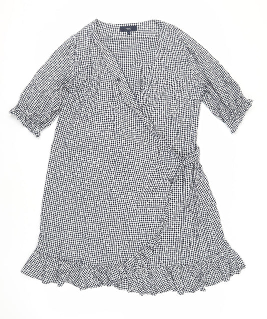 NEXT Womens Black Gingham Linen Wrap Dress Size 16 V-Neck Tie - Ruffle