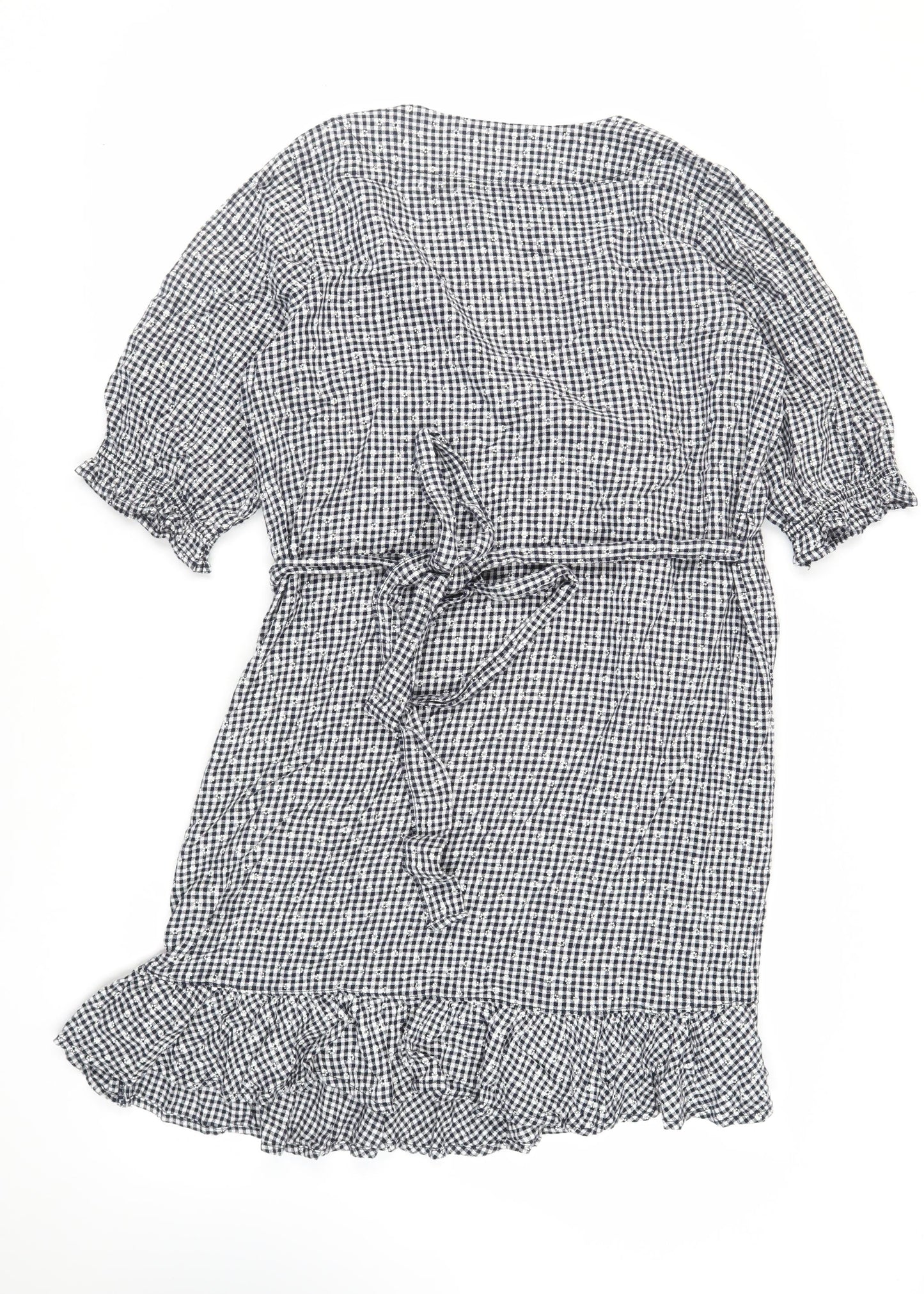 NEXT Womens Black Gingham Linen Wrap Dress Size 16 V-Neck Tie - Ruffle