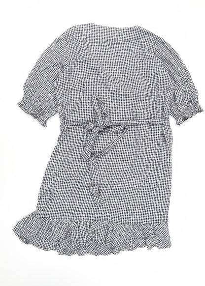 NEXT Womens Black Gingham Linen Wrap Dress Size 16 V-Neck Tie - Ruffle