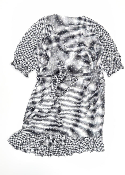 NEXT Womens Black Gingham Linen Wrap Dress Size 16 V-Neck Tie - Ruffle