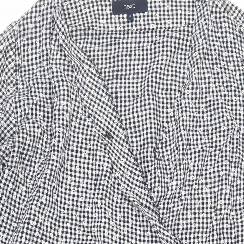 NEXT Womens Black Gingham Linen Wrap Dress Size 16 V-Neck Tie - Ruffle