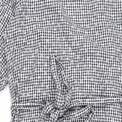 NEXT Womens Black Gingham Linen Wrap Dress Size 16 V-Neck Tie - Ruffle