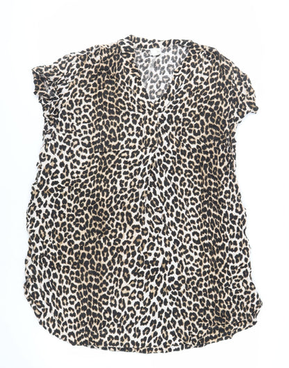 H&M Womens Brown Animal Print Viscose T-Shirt Dress Size M V-Neck Pullover