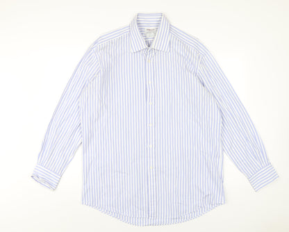T.M.Lewin Mens Blue Striped Cotton Dress Shirt Size 17 Collared Button
