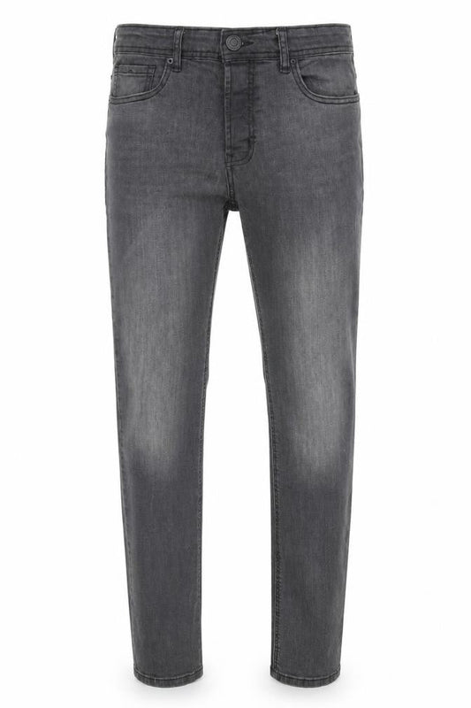 Front view of Denim & Co. men’s grey cotton straight jeans, size 30, in, 32-inch leg slim zip