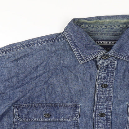 Lands' End Mens Blue Cotton Button-Up Size M Collared Button