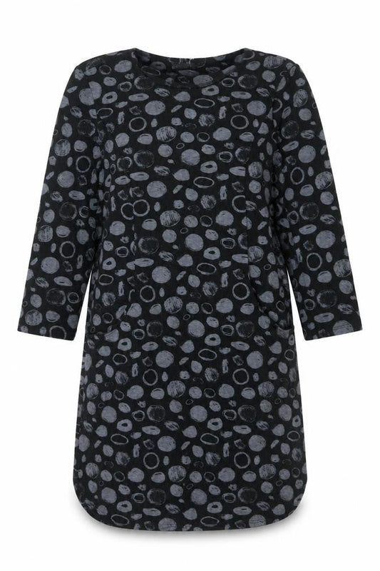 Front view of Roman women’s black geometric polyester shift, size UK 12, round neck pullover