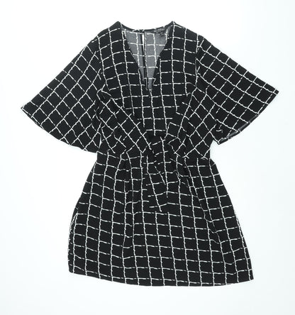 Miss Selfridge Womens Black Geometric Polyester A-Line Size 12 Round Neck Button - Tie Detail