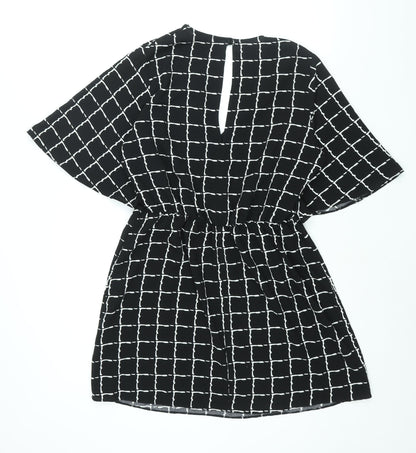 Miss Selfridge Womens Black Geometric Polyester A-Line Size 12 Round Neck Button - Tie Detail