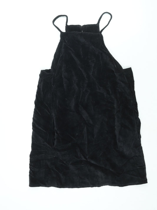 Topshop Womens Black Cotton Pinafore/Dungaree Dress Size 12 Square Neck Hook & Eye