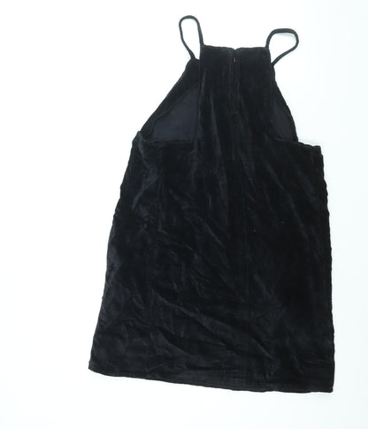 Topshop Womens Black Cotton Pinafore/Dungaree Dress Size 12 Square Neck Hook & Eye