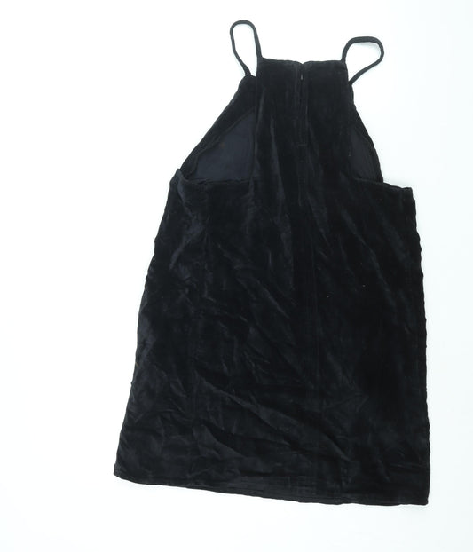 Topshop Womens Black Cotton Pinafore/Dungaree Dress Size 12 Square Neck Hook & Eye