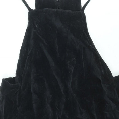 Topshop Womens Black Cotton Pinafore/Dungaree Dress Size 12 Square Neck Hook & Eye