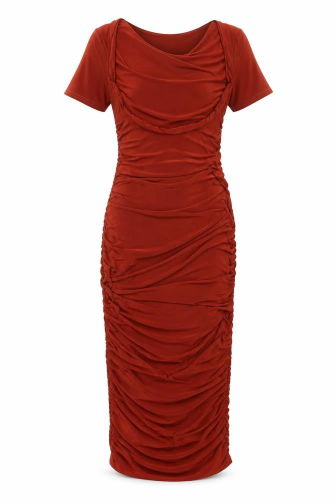 Front view of Club London women’s brown polyester bodycon, size UK 8, scoop neck pullover - rouched