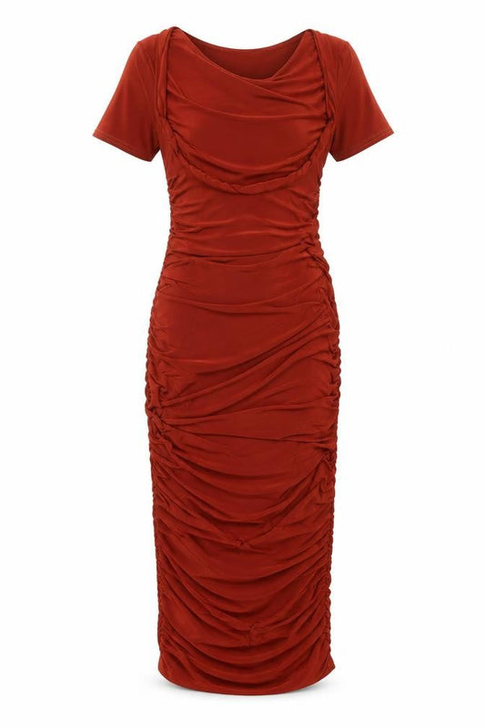 Club London Womens Brown Polyester Bodycon Size 8 Scoop Neck Pullover - Rouched