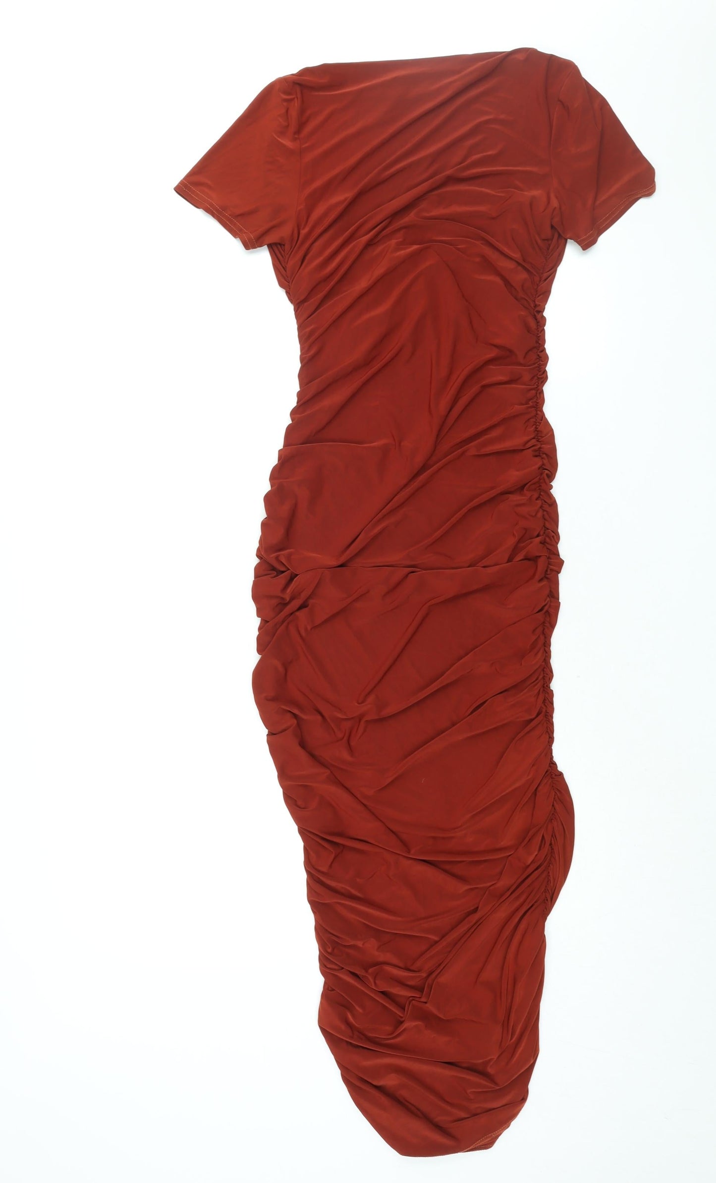 Club London Womens Brown Polyester Bodycon Size 8 Scoop Neck Pullover - Rouched