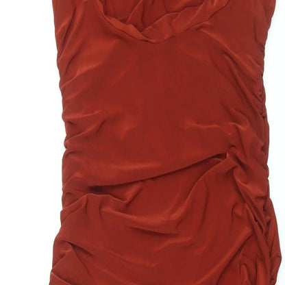 Club London Womens Brown Polyester Bodycon Size 8 Scoop Neck Pullover - Rouched