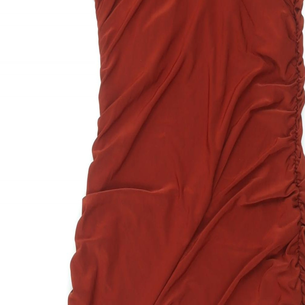 Club London Womens Brown Polyester Bodycon Size 8 Scoop Neck Pullover - Rouched