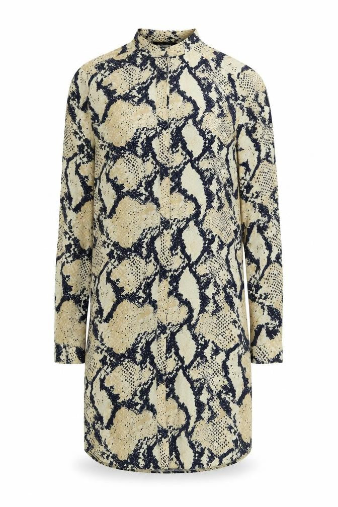 Front view of Missguided women’s beige animal print polyester shirt dress, size UK 8, mock neck button - snakeskin print