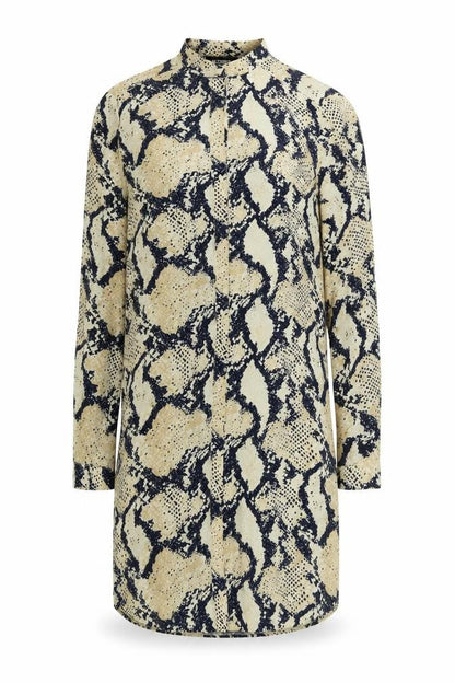 Front view of Missguided women’s beige animal print polyester shirt dress, size UK 8, mock neck button - snakeskin print