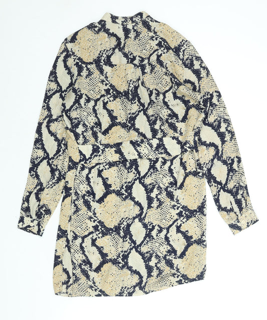 Missguided Womens Beige Animal Print Polyester Shirt Dress Size 8 Mock Neck Button - Snakeskin Print