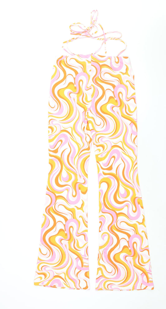 Divided by H&M Womens Multicoloured Geometric Polyester Trousers Size S L32 in Regular - Tie Detail