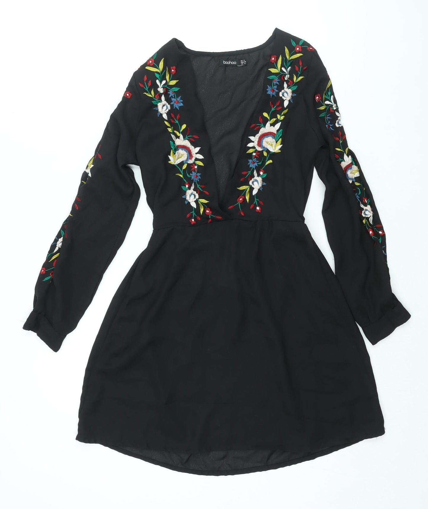 Boohoo Womens Black Polyester A-Line Size 8 V-Neck Pullover - Floral Embroidery